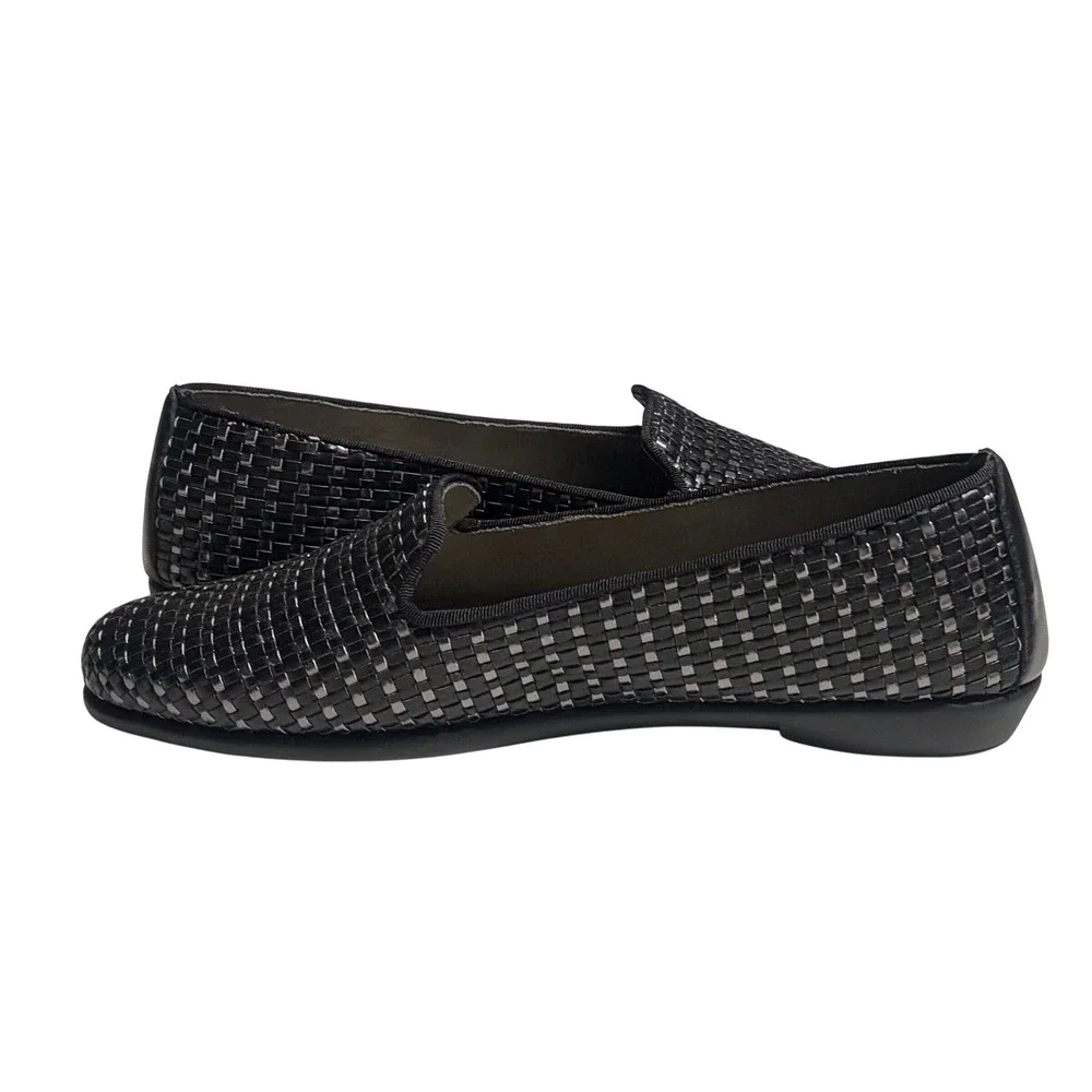 Ros Hommerson Woven‎ Leather Loafers Black Silver Metallic Flats Womens 10W